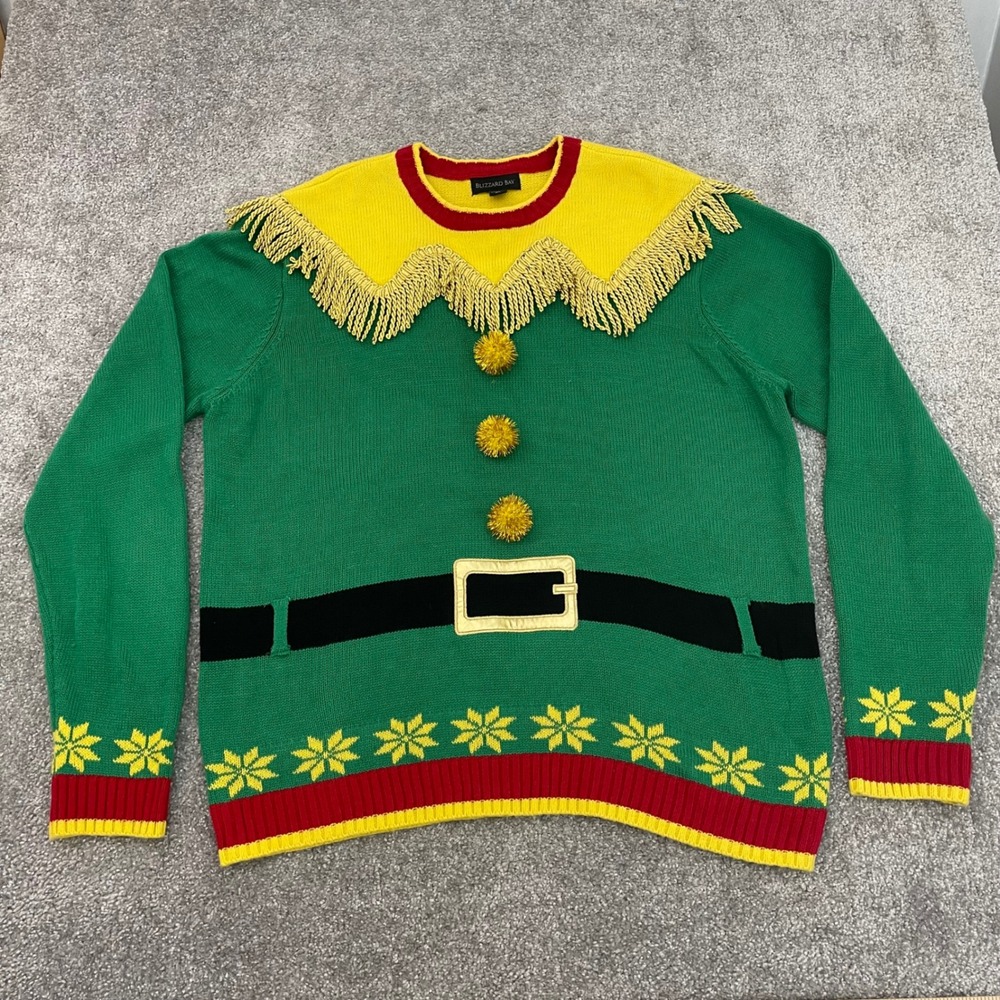 Ugly Christmas Sweater Mens Extra Large Elf Fringe Pom Pom Blizzard Bay Green